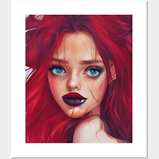 Red-Haired Girl with Messy Beautiful Hair Artwork Posters and Art